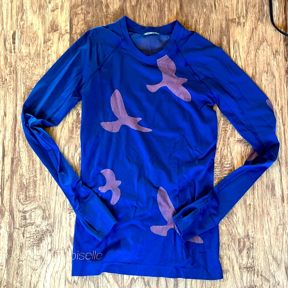 Oiselle Women's Flyte Long Sleeve Workout Top Size Small Blue Birds Fly